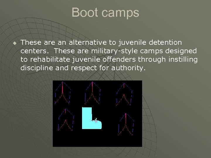 Boot camps u These are an alternative to juvenile detention centers. These are military-style