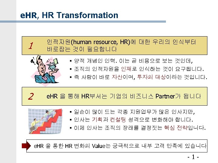 e. HR, HR Transformation 1 인적자원(human resource, HR)에 대한 우리의 인식부터 바로잡는 것이 필요합니다