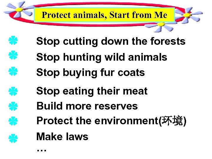 Protect animals, Start from Me Stop cutting down the forests Stop hunting wild animals