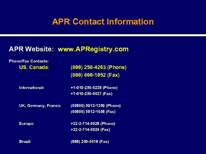 APR Contact Information APR Website: www. APRegistry. com Phone/Fax Contacts: US, Canada: (800) 258