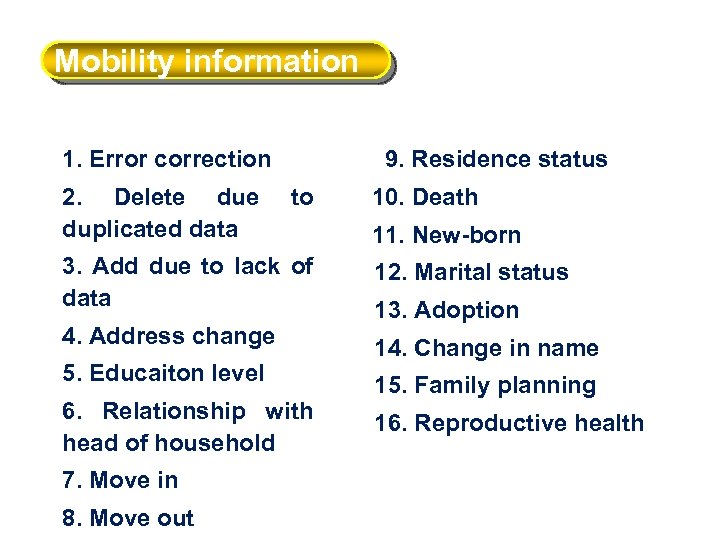 Mobility information 1. Error correction 2. Delete duplicated data 9. Residence status to 10.