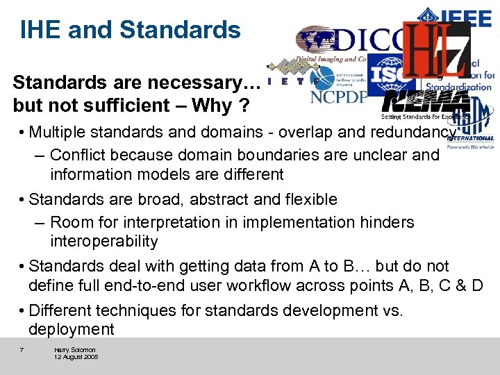 IHE and Standards are necessary… but not sufficient – Why ? • Multiple standards