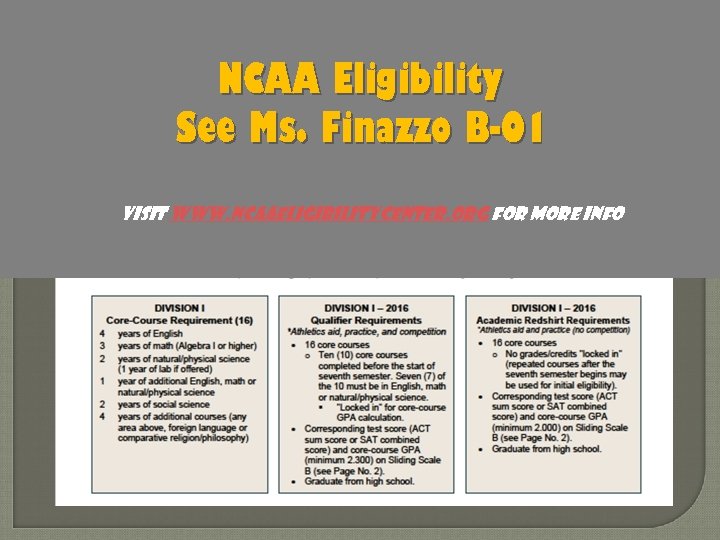 NCAA Eligibility See Ms. Finazzo B-01 Visit www. ncaaeligibilitycenter. org for more info 