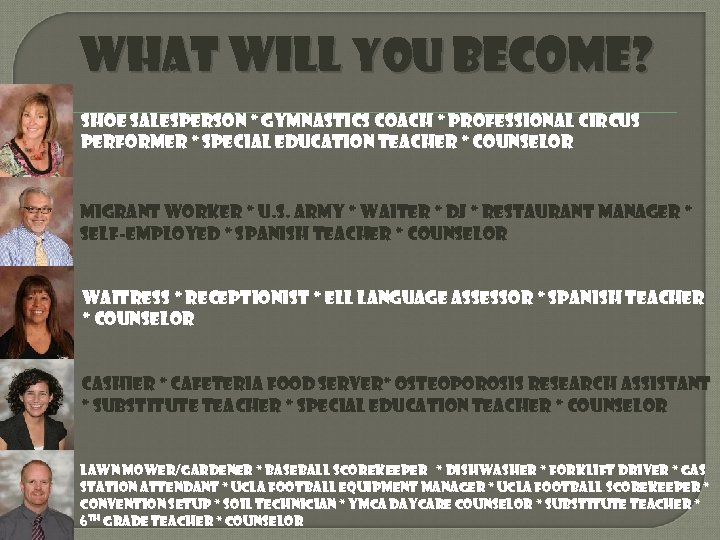 What will you become? Shoe Salesperson * Gymnastics Coach * professional Circus Performer *