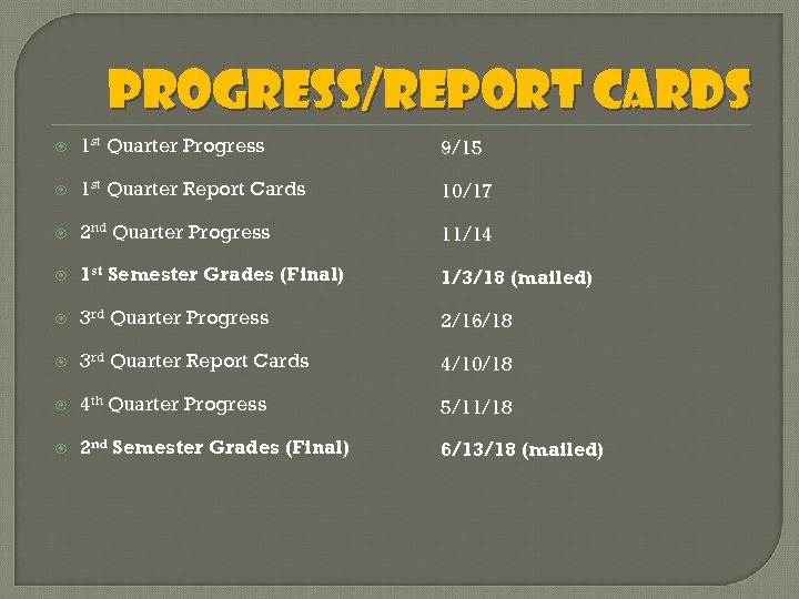 Progress/Report Cards 1 st Quarter Progress 9/15 1 st Quarter Report Cards 10/17 2
