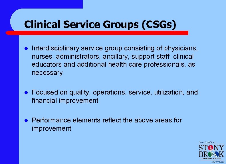 Clinical Service Groups (CSGs) l Interdisciplinary service group consisting of physicians, nurses, administrators, ancillary,