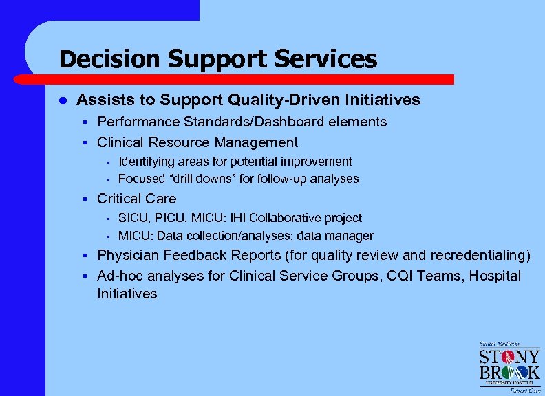 Decision Support Services l Assists to Support Quality-Driven Initiatives § § Performance Standards/Dashboard elements