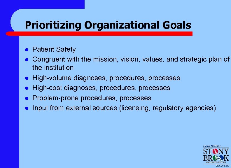 Prioritizing Organizational Goals l l l Patient Safety Congruent with the mission, vision, values,