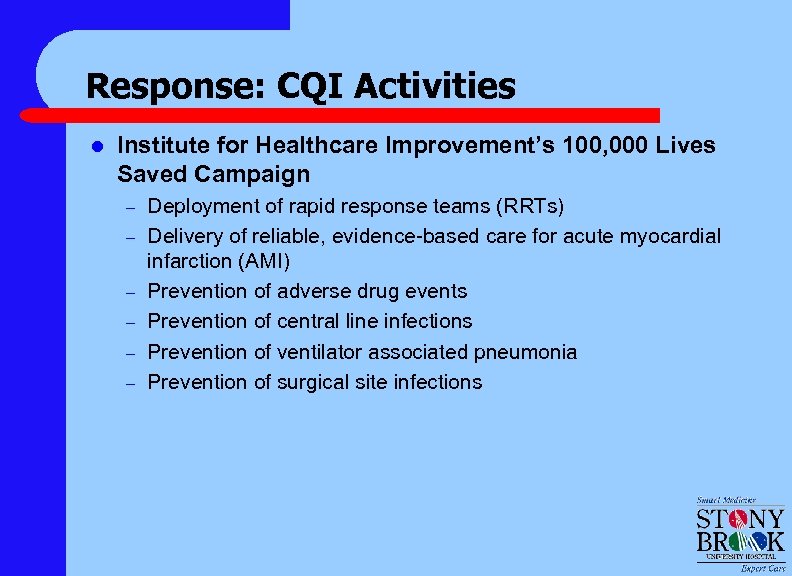 Response: CQI Activities l Institute for Healthcare Improvement’s 100, 000 Lives Saved Campaign –