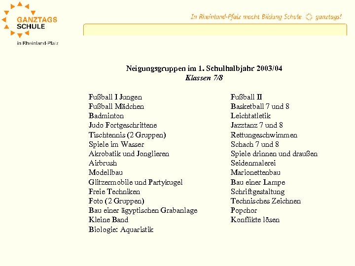 Neigungsgruppen im 1. Schulhalbjahr 2003/04 Klassen 7/8 Fußball I Jungen Fußball Mädchen Badminton Judo