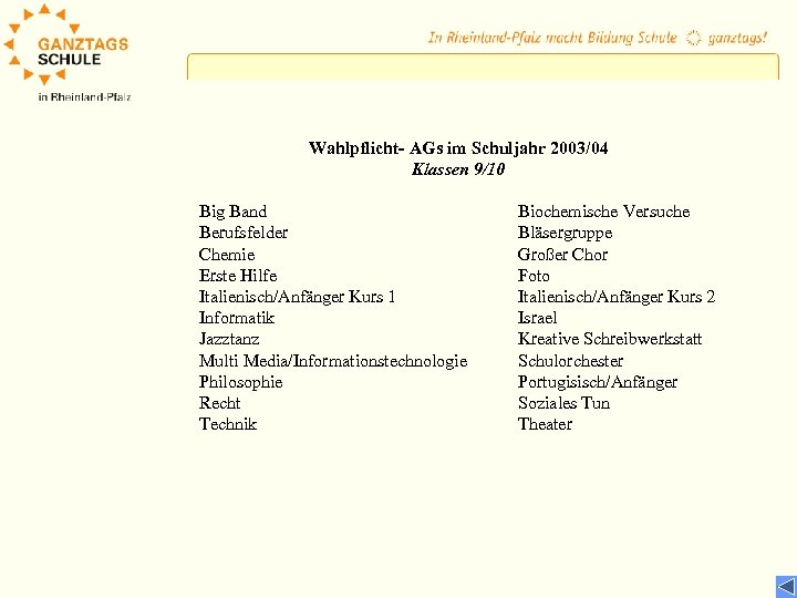 Wahlpflicht- AGs im Schuljahr 2003/04 Klassen 9/10 Big Band Berufsfelder Chemie Erste Hilfe Italienisch/Anfänger