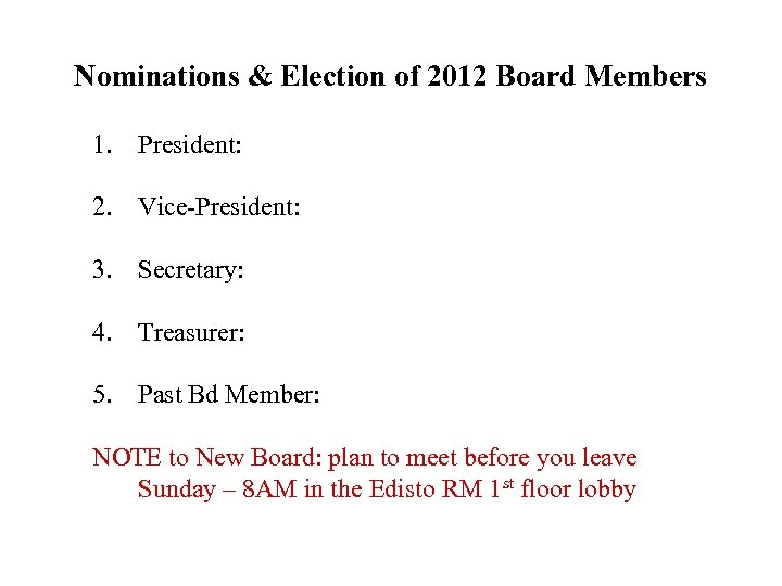 Nominations & Election of 2012 Board Members 1. President: 2. Vice-President: 3. Secretary: 4.