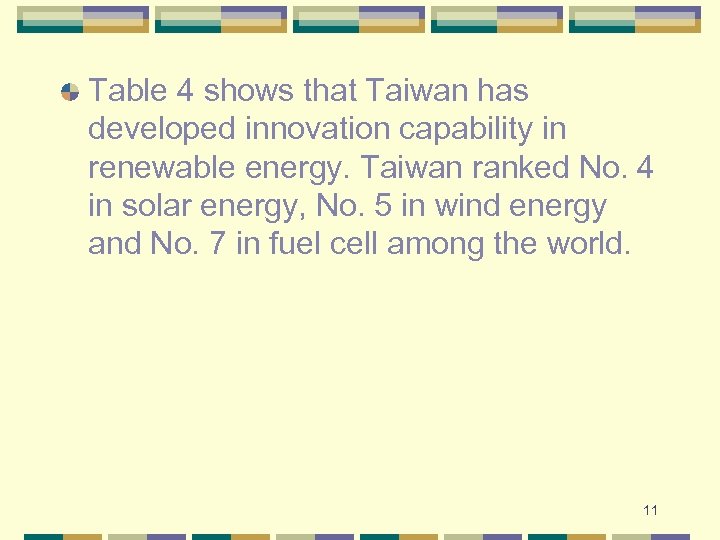 Table 4 shows that Taiwan has developed innovation capability in renewable energy. Taiwan ranked