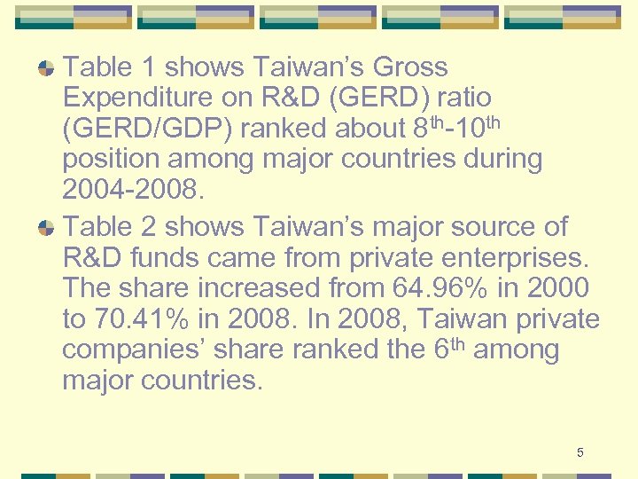 Table 1 shows Taiwan’s Gross Expenditure on R&D (GERD) ratio (GERD/GDP) ranked about 8
