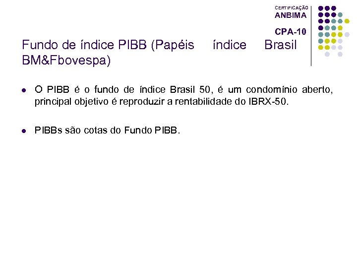 CERTIFICAÇÃO ANBIMA CPA-10 Fundo de índice PIBB (Papéis BM&Fbovespa) índice Brasil l O PIBB