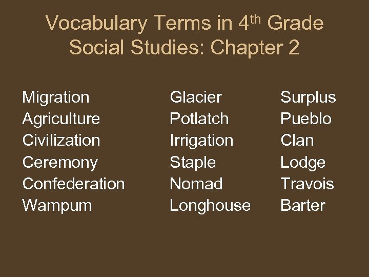 Vocabulary Terms in 4 th Grade Social Studies: Chapter 2 Migration Agriculture Civilization Ceremony