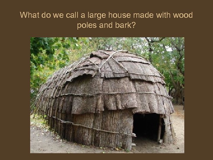 What do we call a large house made with wood poles and bark? 