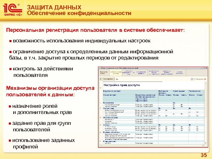 ЗАЩИТА ДАННЫХ Обеспечение конфиденциальности Персональная регистрация пользователя в системе обеспечивает: n возможность использования индивидуальных