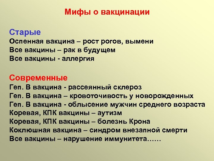 Мифы о вакцинации Старые Оспенная вакцина – рост рогов, вымени Все вакцины – рак