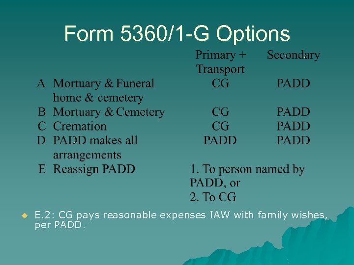 Form 5360/1 -G Options u E. 2: CG pays reasonable expenses IAW with family
