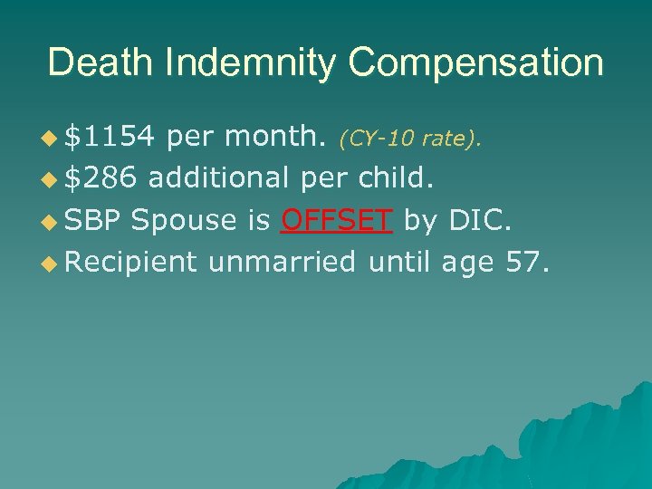 Death Indemnity Compensation u $1154 per month. (CY-10 rate). u $286 additional per child.