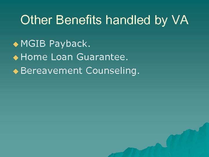 Other Benefits handled by VA u MGIB Payback. u Home Loan Guarantee. u Bereavement