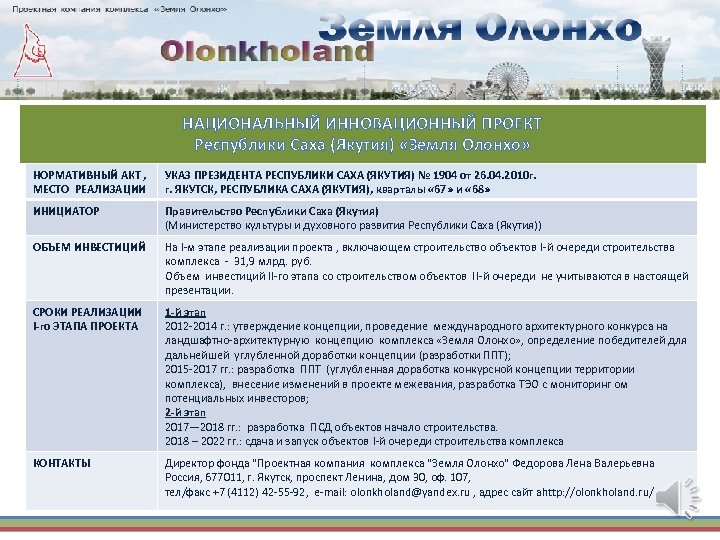 НАЦИОНАЛЬНЫЙ ИННОВАЦИОННЫЙ ПРОЕКТ Республики Саха (Якутия) «Земля Олонхо» НОРМАТИВНЫЙ АКТ , МЕСТО РЕАЛИЗАЦИИ УКАЗ