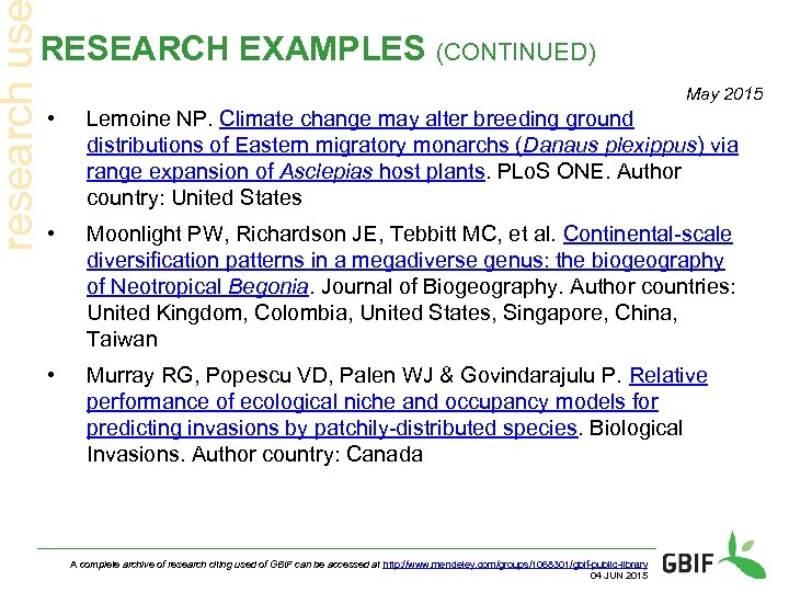 research us RESEARCH EXAMPLES (CONTINUED) May 2015 • Lemoine NP. Climate change may alter