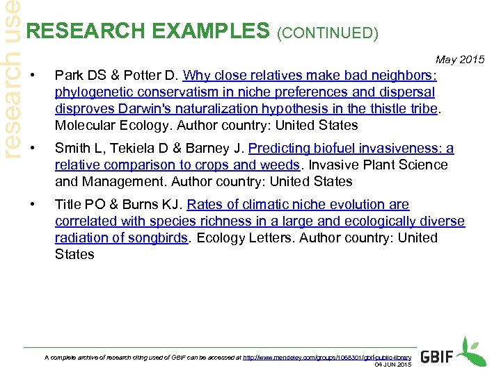 research us RESEARCH EXAMPLES (CONTINUED) May 2015 • Park DS & Potter D. Why