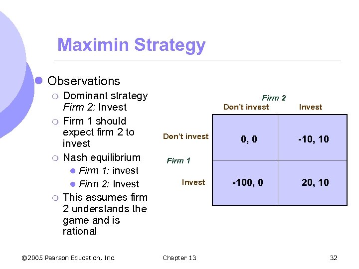 Maximin Strategy l Observations m m Dominant strategy Firm 2: Invest Firm 1 should