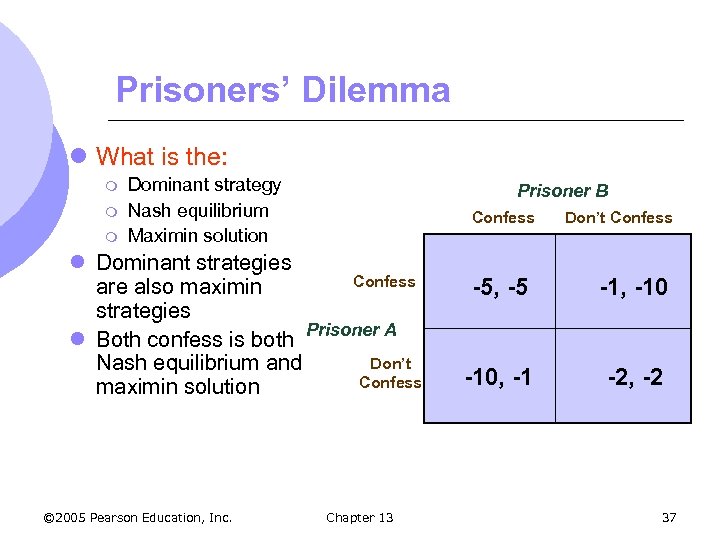 Prisoners’ Dilemma l What is the: m m m Dominant strategy Nash equilibrium Maximin