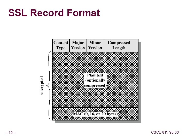 SSL Record Format – 12 – CSCE 815 Sp 03 