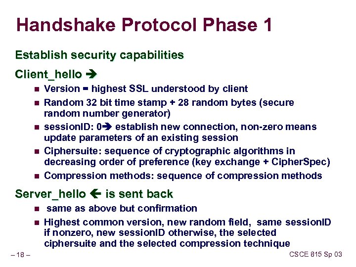 Handshake Protocol Phase 1 Establish security capabilities Client_hello n n n Version = highest