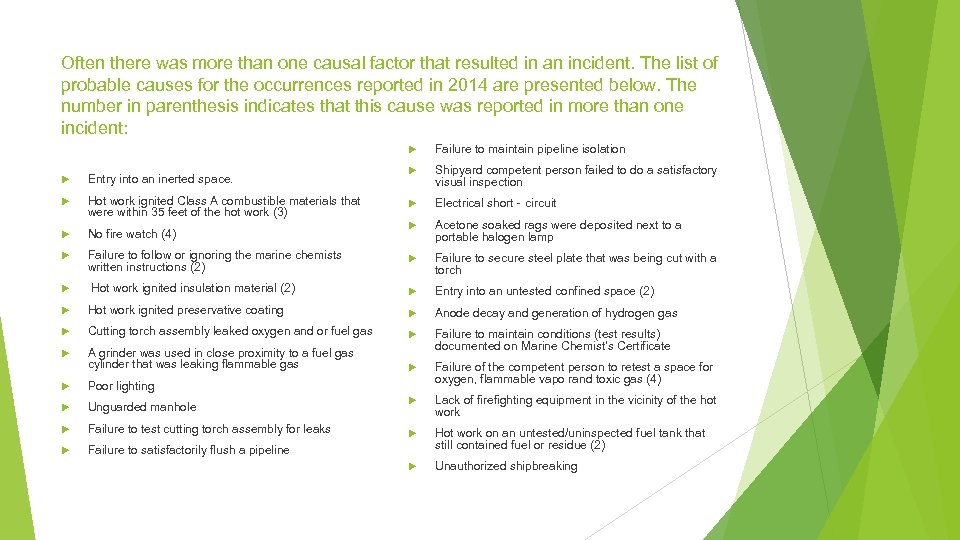 Often there was more than one causal factor that resulted in an incident. The