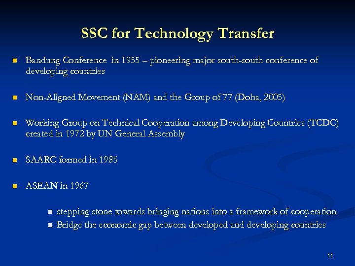 SSC for Technology Transfer n Bandung Conference in 1955 – pioneering major south-south conference