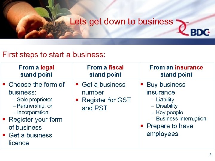 Lets get down to business First steps to start a business: From a legal