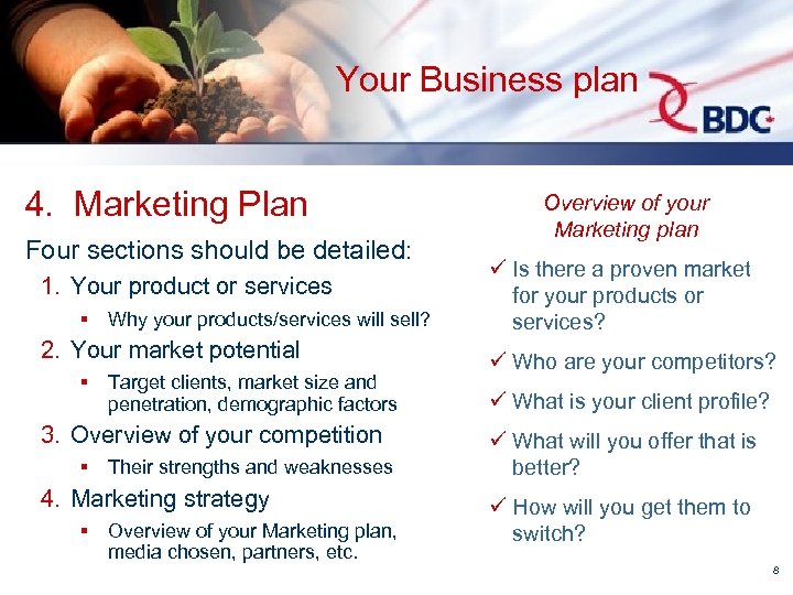 Your Business plan 4. Marketing Plan Four sections should be detailed: 1. Your product