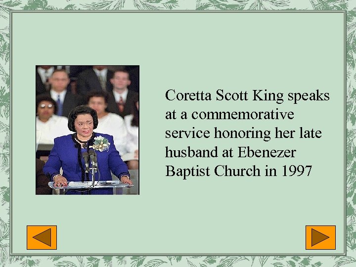 Coretta Scott King speaks at a commemorative service honoring her late husband at Ebenezer