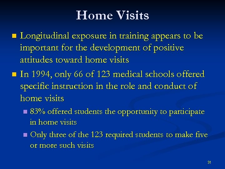Home Visits Longitudinal exposure in training appears to be important for the development of