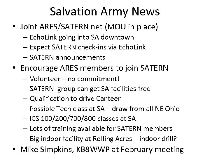 Salvation Army News • Joint ARES/SATERN net (MOU in place) – Echo. Link going