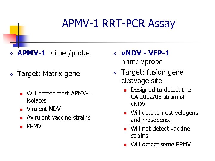 APMV-1 RRT-PCR Assay v APMV-1 primer/probe v v Target: Matrix gene v n n