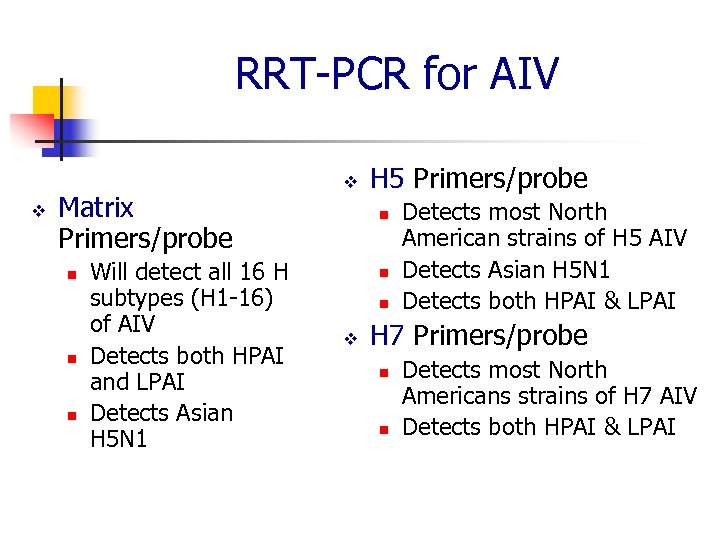 RRT-PCR for AIV v Matrix Primers/probe n n n Will detect all 16 H