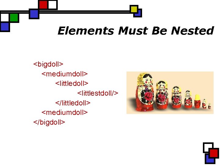 Elements Must Be Nested <bigdoll> <mediumdoll> <littlestdoll/> </littledoll> <mediumdoll> </bigdoll> 
