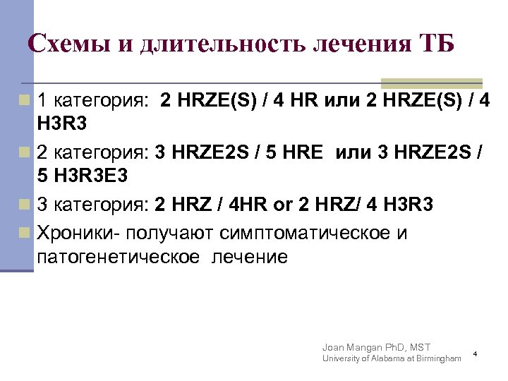 Схемы и длительность лечения ТБ n 1 категория: 2 HRZE(S) / 4 HR или