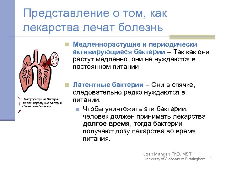 Представление о том, как лекарства лечат болезнь n Медленнорастущие и периодически активирующиеся бактерии –