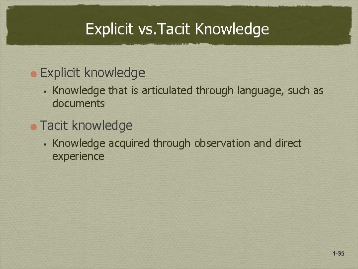 Explicit vs. Tacit Knowledge Explicit knowledge § Knowledge that is articulated through language, such