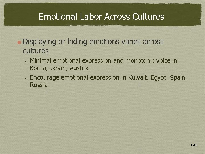 Emotional Labor Across Cultures Displaying or hiding emotions varies across cultures § § Minimal