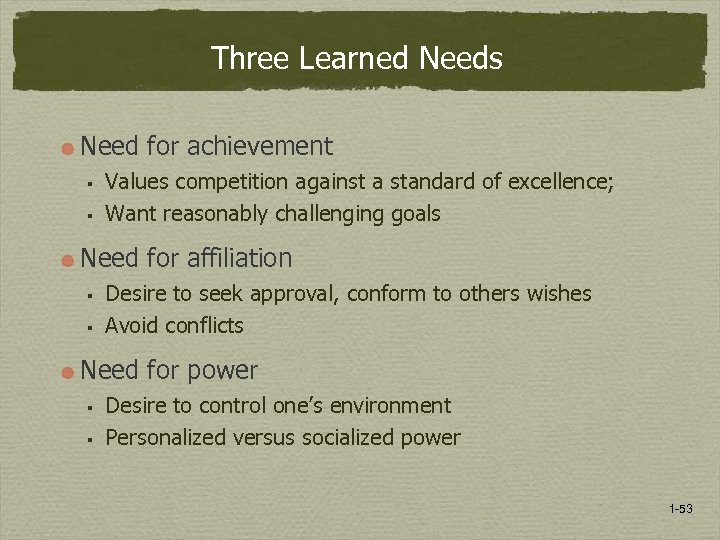 Three Learned Needs Need for achievement § § Values competition against a standard of