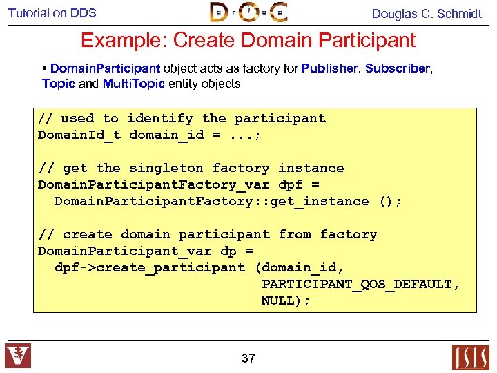 Tutorial on DDS Douglas C. Schmidt Example: Create Domain Participant • Domain. Participant object