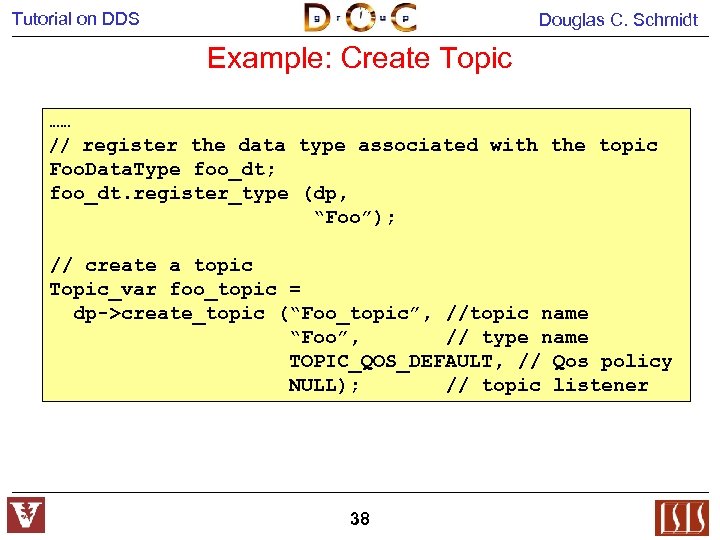 Tutorial on DDS Douglas C. Schmidt Example: Create Topic …… // register the data